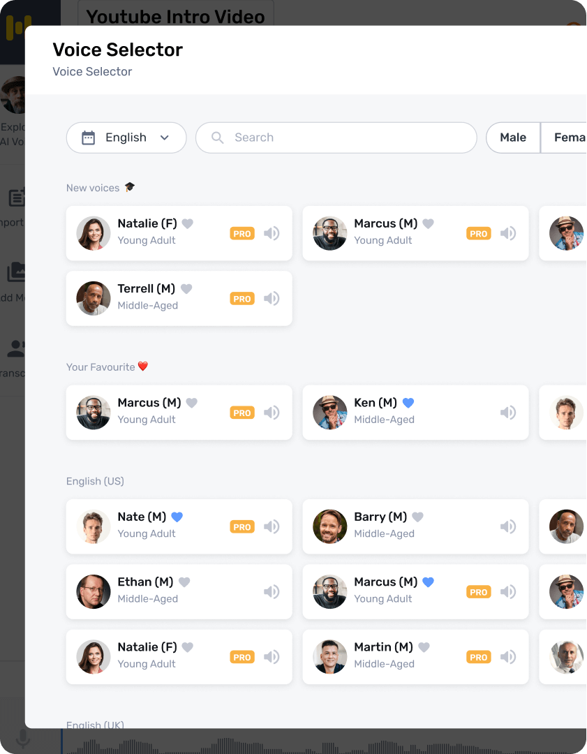 Choose the AI voice for each character in your script from Murf's growing library of 120+ voices spanning different accents and speaking styles. 