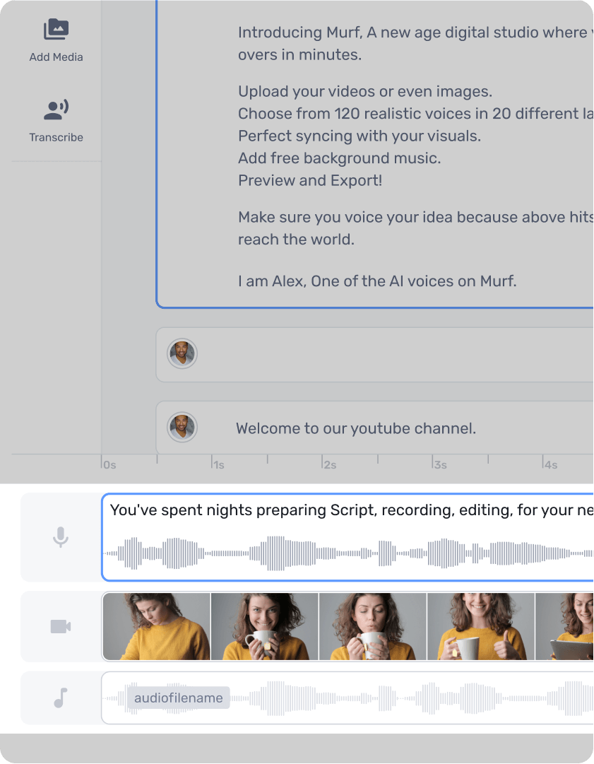 Choose the voice you want to use. Murf comes with male and female voices, both young and old. Align the text with visuals in the studio.
