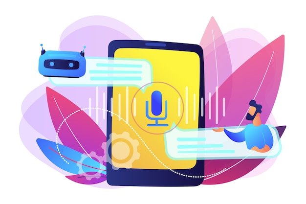 Free vector businessman communicates with chatbot with voice commands. voice controlled chatbot, talking virtual assistant, smartphone voice application concept. bright vibrant violet  isolated illustration